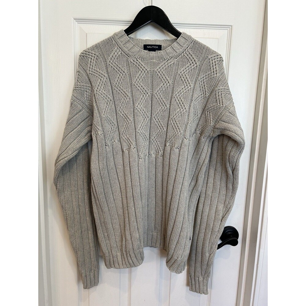 Nautica Mens Medium Classic Chunky Cable Knit Fisherman Sweater 100% cotton